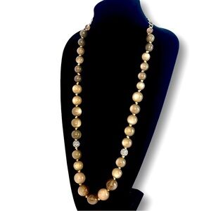 TALBOTS Grayish/Tan Wardrobe Staple Long Beaded Necklace w Fireball Stations NEW